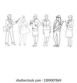 Set of black and white line drawings in the vector, female figures, women's profession