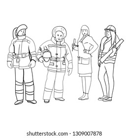 Set of black and white line drawings in the vector, female figures, women's profession
