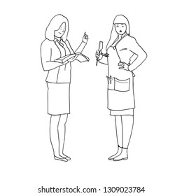 Set of black and white line drawings in the vector, female figures, women's profession