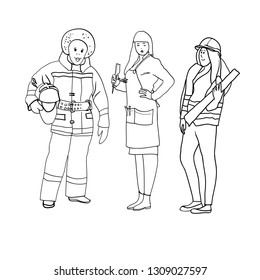 Set of black and white line drawings in the vector, female figures, women's profession