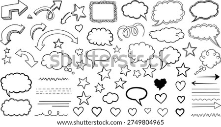 A set of black and white line drawings including speech bubbles, stars, hearts, clouds, and other decorative elements