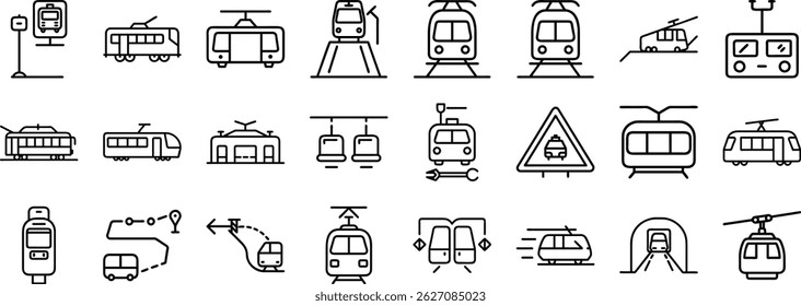 Conjunto de ícones editáveis em linha preta e branca que ilustram vários sistemas e conceitos de transporte