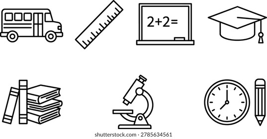 Set of black and white line education featuring a school bus ruler chalkboard with math equation graduation cap stack of books microscope clock and pencil on a white background