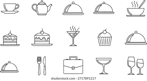 Set of black and white line featuring food and dining utensils line food dining utensils