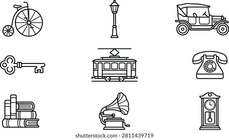 Set of black and white line featuring vintage including a penny-farthing, street lamp, classic car, telephone, and clock