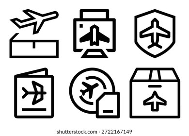 Un conjunto de iconos de línea en blanco y negro que representan los viajes aéreos y los servicios de entrega de paquetes.