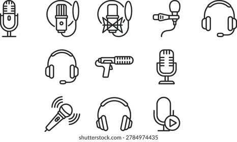 Set of black and white line icons featuring microphones, headsets, and audio devices, perfect for podcasts, radio, and communication themes in digital design.