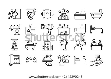 A set of black and white line icons depicting various hotel amenities and services.