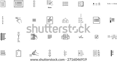 Set of black and white line icons representing to-do list concepts and task management tools