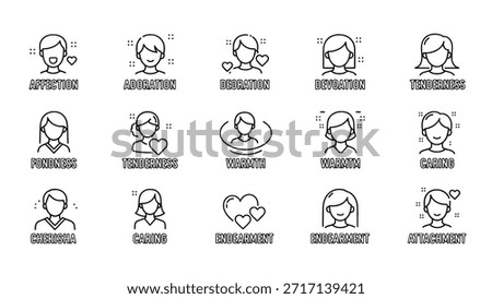 A set of black and white line icons representing positive emotions like affection, adoration, and caring. Each icon features a simple human face with a heart symbol and text.
