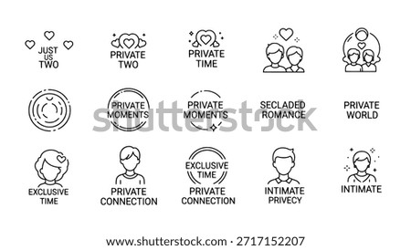 A set of black and white line icons representing concepts of privacy, intimacy, and romantic connection. The collection includes various symbols and text on a white background.