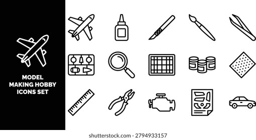 Set of black and white line for scale model making hobby, featuring tools, parts, airplane, car, glue, paint, and assembly instructions