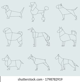 
Set of black and white linear dog breeds icons. Origami style. Can be used as coloring pages, icons, paper crafts.