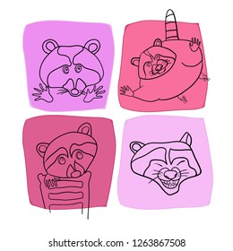 Set of black and white linear drawings in vector, funny raccoon, cartoon character, stylish design, greeting card