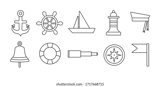 Set of black and white linear icons of marine attributes in minimalistic style with anchor, flag, sailboat, sailor suit, steering wheel, compass, telescope, bell, lighthouse, lifebuoy.