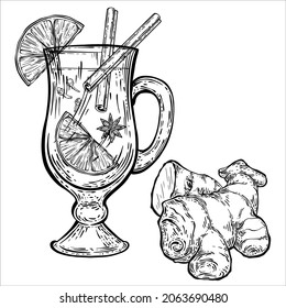 a Set of black and white Linear Illustrations of the Christmas Drink Mulled Wine as part of a Mug with a drink decorated with a slice of orange and cinnamon, and Ginger