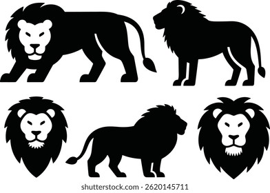 Set of Black and White Lion Silhouettes Vector Illustration on white Background.
