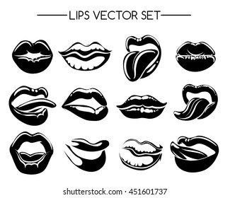 Set of black and white lips isolated on white background. Vector illustration