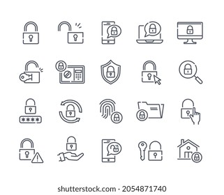 Set of black and white lock icons. Graphic elements for websites. Protection, safety, page. Internet personal data security concept. Cartoon flat vector illustration isolated on white background