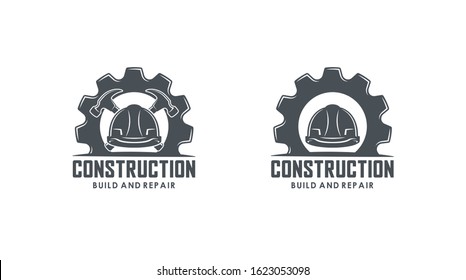 Set of black and white logos on a white background. Vector illustration of a helmet, crossed hammers and gear with text. Illustration advertising the services of a construction company.