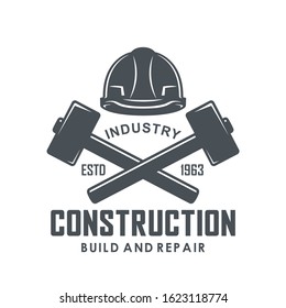 Set of black and white logos on a white background. Vector illustration of a helmet, crossed hammers with text. Illustration advertising the services of a construction company.