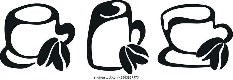 set with black and white logos of various coffee cups of different shapes with coffee beans next to them drawn with an unusual outline