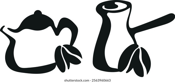 set with black and white logos of various teapots and coffee mugs with coffee beans next to them drawn with an unusual outline