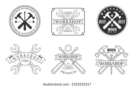 Set of black and white logos for the workshop. Vector illustration.