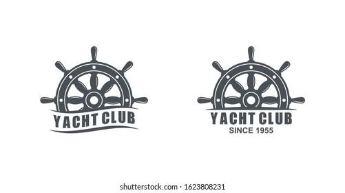 Set of black and white logos of yacht club on a white background. Vector drawing of a marine helm, text and wave. Illustration on the marine theme.