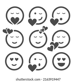 Set of Black and White Loving Emoji, Round Simple Icons with Hearts Isolated on White - Design Template Clip-Art Illustration in Editable Vector Format