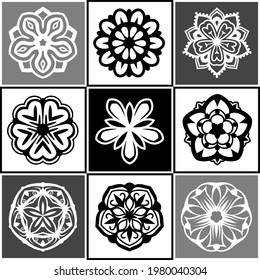 Set aus schwarz-weißer Mandala einzeln auf einfarbigem Hintergrund. Vektorgeschmückte runde Ornamente. Minimale Design Elemente florale Form der Schneeflocke Symbol für Logo, Tattoo-Kunstwerke.