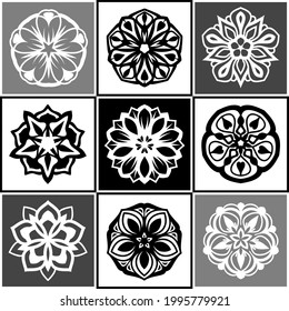 Set of black and white mandala isolated on monochrome background. Vector decorative round ornaments. Minimal design elements flower shape of snowflake icon for logo, tattoo artwork.
