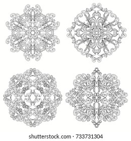 Set of black and white mandalas. Ethnic Oriental circular pattern. Textile print. Mono color black line art for adult coloring book page design. Vector illustration
