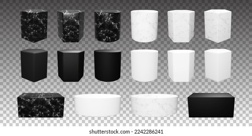 Set of black and white marble geometric pedestals. Vector podiums with realistic stone texture. Cylinder, pentagon and hexagon product showcases.