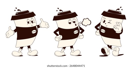 Set of black and white mascot logos: paper coffee cup. Element for menu design in cafes, restaurants, and branding. Cartoon vector illustration. Isolated.
