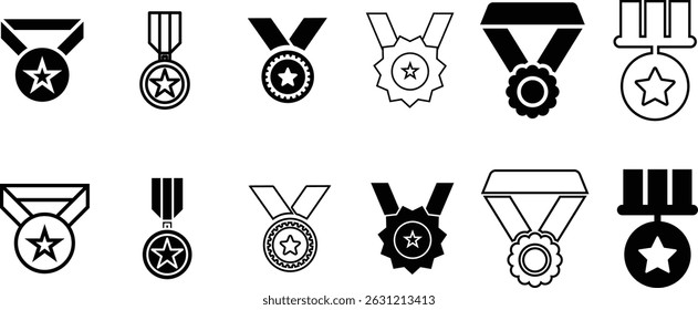 Set of Black and White Medal Icons – Flat Vector Silhouettes of Award Medals with Stars, Ribbons, and Badges for Honor, Military, Sports, Competition, Achievement, and Recognition Design

