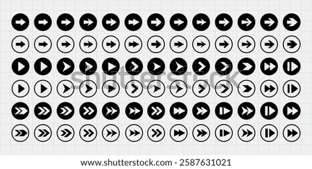 Set of black and white media control icons. Arrows, play, pause, and stop symbols. Simple, circular design. Icons for media control, navigation, and playback. Element vector set.