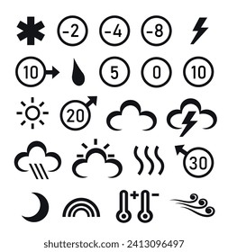 Set of black and white meteorological icons on white background. Vector illustration