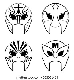 set of black and white Mexican wrestling masks on a white background