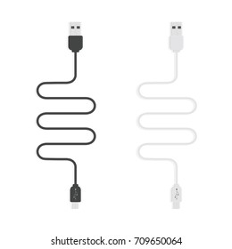 Set Of Black And White Micro Cables Icon. Smart Phone Recharge Supply Or PC Peripherals Connector. Cable Mobile Devices Symbol. Vector Illustration