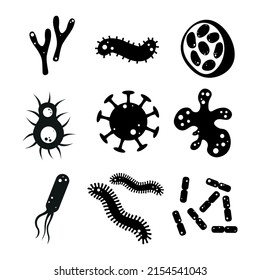 Conjunto de microbios blancos y negros de diferentes formas y tipos sobre fondo blanco. Ilustración vectorial de íconos bacterias, gérmenes y virus en estilo de dibujos animados.