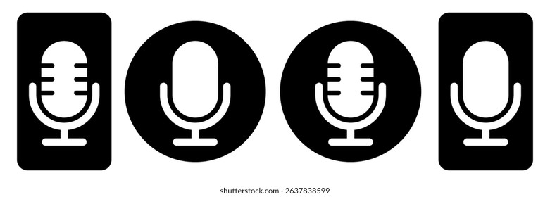 Set of black and white microphone icons. Simple flat style audio record symbols for podcast, voice, media app, UI button, or broadcast interface. Vector illustration on white background.