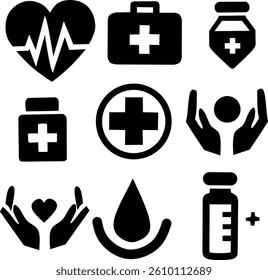 Set of black and white minimalist vector icons depicting medical and health symbols.