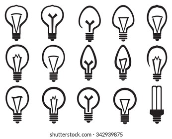 Set of black and white minimalist vector illustrations of light bulbs, symbolism for bright ideas, isolated on white background.