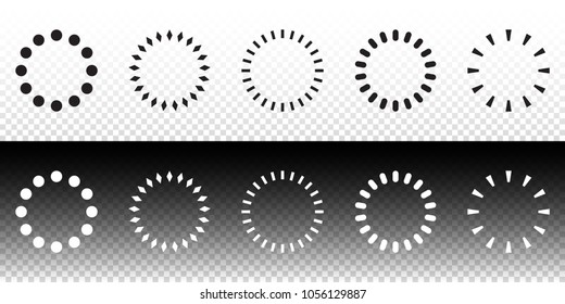 Set of black and white modern loading icons over transparent backgrounds. Elements for website, apps and UI projects. Progress loading indicators. Downloading signs and shapes in flat style. 