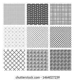 Set of black and white monochrome geometric patterns. Nine elements for an infinite backdrop. Abstract background, seamless pattern. Minimal geometric vector.
