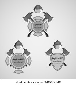 Set of black and white monochrome vector illustrations icons. Firefighter Emblem or volunteer. Maltese cross, shield, ax, fireman helmet. Element for the magnet on the fridge or print for a T-shirt.