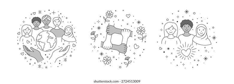 Um conjunto de ilustrações monolíticas em preto e branco que representam diversidade, inclusão e unidade. Apresentando pessoas diversificadas, harmonia global e mãos unidas em composições circulares. Ideal para campanhas do Dia da Discriminação Zero, conscientização sobre direitos humanos, igualdade social e conceitos comunitários inclusivos.
