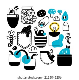 Set of black and white monsters in pockets. Vector collection of cute hand drawn doodle creatures.