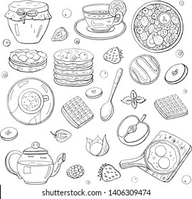 Set of black and white morning breakfast elements isolated on white background.  Tea, scrambled eggs. coffee, honey, pancakes.